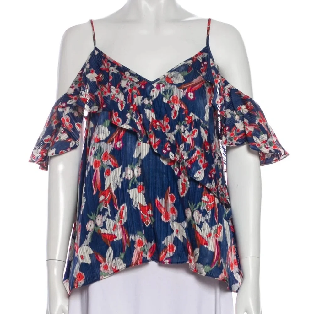 Tanya Taylor Navy Floral Cold-Shoulder Ruffle Silk Blouse, size 2 - Picture 3 of 11